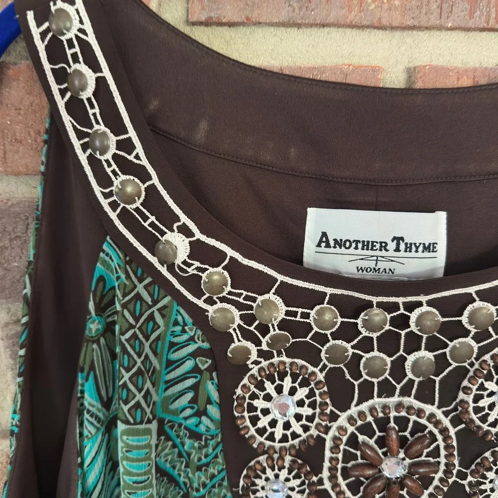 Another Thyme Dress Teal‎ Brown Geometric Beaded Neckline Sleeveless Boho 16W